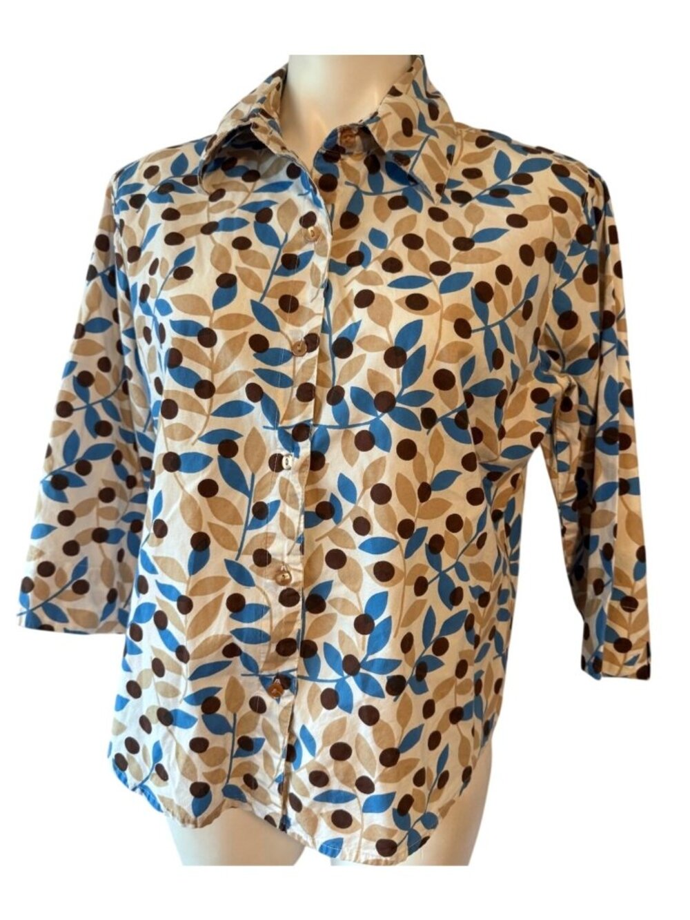 Life Style 100% Cotton Blouse Large Blue Brown Leaf Print 3/4 Sleeve Button Fron